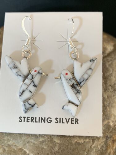 Navajo Sterling White Buffalo Turquoise Hummingbird Dangle Earrings | 1" | Authentic Native American Handmade | 12313