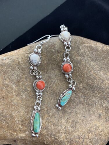 Navajo Howlite, Spiny Oyster & Turquoise Dangle Earrings | Sterling Silver | Authentic Native American Handmade | 1629