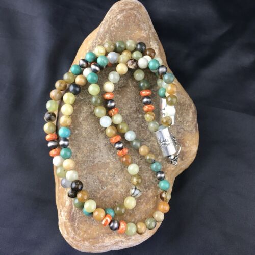 Navajo Sterling Silver Jasper Coral Turquoise Necklace | 19" | Authentic Native American Handmade | 10266