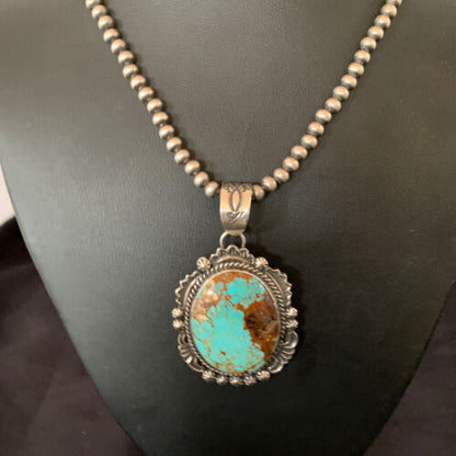 Navajo Pearls Necklace with Blue Turquoise #8 Pendant | Sterling Silver | Authentic Native American Handmade | 11312