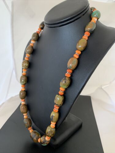 Navajo Green Turquoise & Orange Spiny Oyster Necklace | Sterling Silver | 23" | Authentic Native American Handmade | 1848