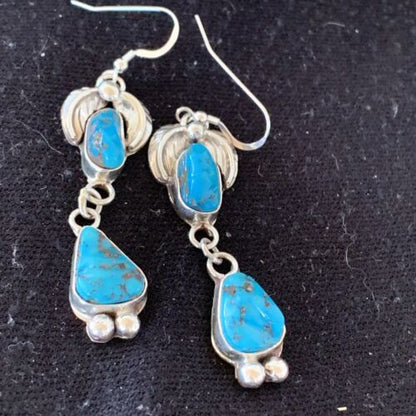 Navajo Kingman Turquoise Dangle Earrings | Sterling Silver | Authentic Native American Handmade | 01219