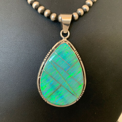 Native American Women's Navajo Green Faux Opal Pendant | Sterling Silver | 2.30" | 1895