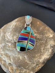 Navajo Multi-Color Turquoise Coral Opal Inlay Pendant | Sterling Silver | Native American Handmade | 12492