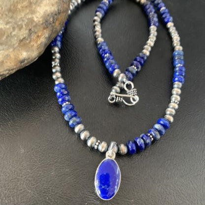 Native American Navajo Blue Lapis Pendant Necklace | Sterling Silver | Authentic Handmade | 11667 - Masha USA