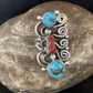 Navajo Kingman Turquoise Coral Ring | Authentic Native American Sterling Silver | Multi-Stone | Sz 8 | 14129