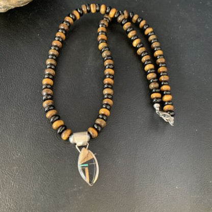 Navajo Sterling Silver Inlay Necklace with Black Onyx, Tigers Eye, Picture Jasper | 22" | 13761