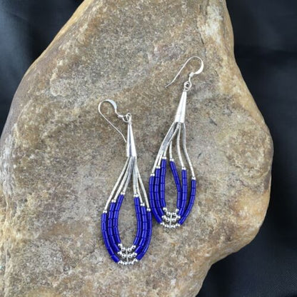 Native American Handmade Sterling Silver Heishi Dangle Earrings | Blue Lapis | 2" | 1965