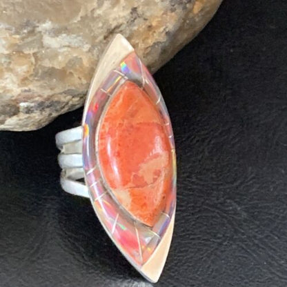 Navajo Red Spiny Oyster Opal Inlay Ring | Sterling Silver | Sz 6 | Authentic Native American Handmade | 12842