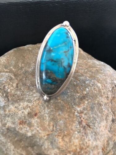 Navajo Blue Turquoise Ring | Sterling Silver | Adjustable | Authentic Native American Handmade | 10210