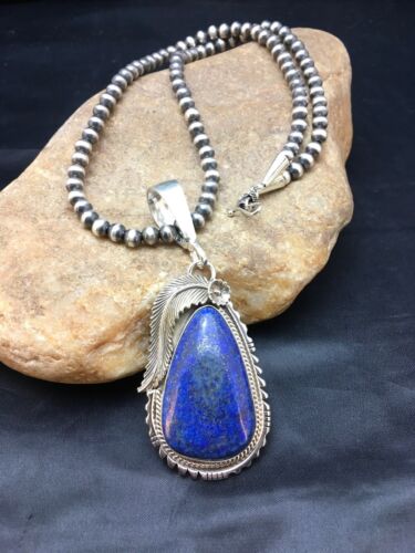 Navajo Lapis Pendant Necklace | Sterling Silver Pearls | Authentic Native American Handmade | 1005