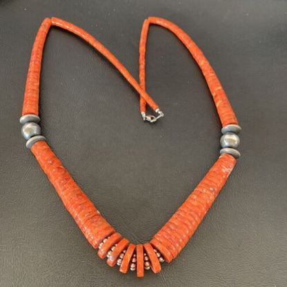 Navajo Apple Sponge Coral Bead Graduated Necklace | Sterling Silver | Authentic Native American | 25" | 11752