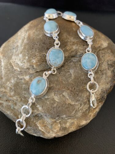 Navajo Blue Larimar 7-Link Bracelet | Sterling Silver | 7.5" | Authentic Native American Handmade | 10624