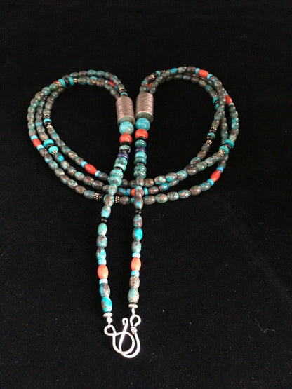 Navajo Blue Spiderweb Turquoise Coral Necklace | Sterling Silver | 3-Strand 29" | 1722