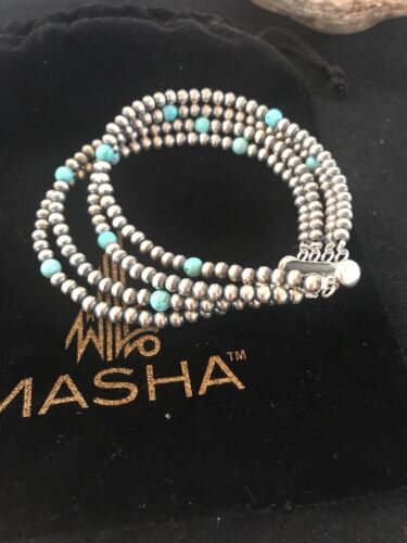 Navajo Pearls  Blue Turquoise Bracelet | 4-Strand | Sterling Silver | Authentic Native American