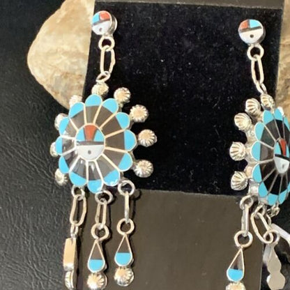 Zuni Sun Face Dangle Earrings | Kingman Turquoise & Black Onyx | Sterling Silver | 12127