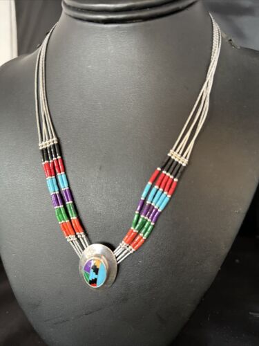 Multi-Color Liquid Silver Heishi 5-Strand Necklace | Sterling Silver Pendant | 14825