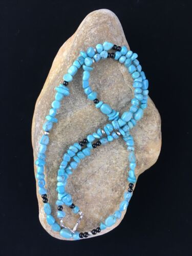 Southwestern | Blue Nugget Turquoise Onyx Necklace | Sterling Silver | 19" | 10021
