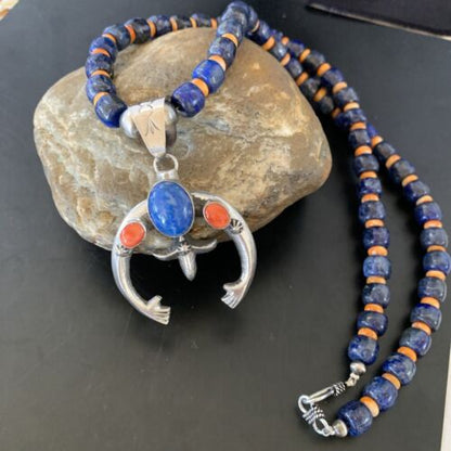 Navajo Native American Blue Lapis Spiny Oyster Naja Pendant | Sterling Silver | 11492 - Masha USA
