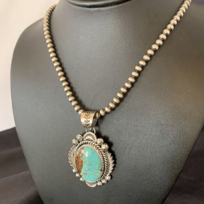 Men's Navajo Pearls Necklace | Sterling Silver | Blue #8 Turquoise Pendant | Authentic Native American Handmade | 10867