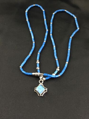 Children's Lapis Heishi Bead Necklace with Opal Pendant | Sterling Silver | 17" | 10126 - Masha USA