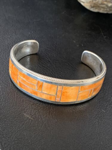 Native American Zuni Orange Spiny Oyster Inlay Cuff Bracelet | Sterling Silver | 12097