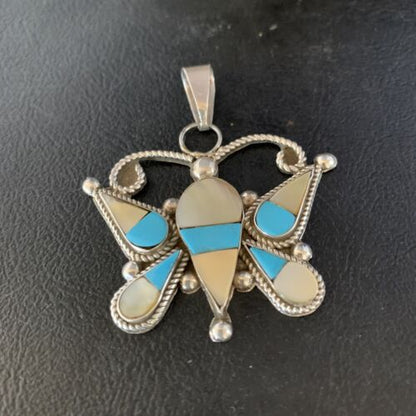 Zuni Butterfly Pendant Necklace | Turquoise & Yellow Mother of Pearl Inlay | Sterling Silver | 14208