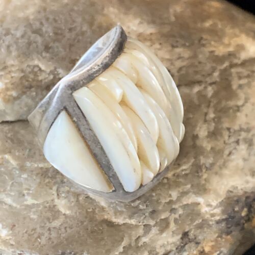 Native American White Mother of Pearl Navajo Inlay Ring | Sterling Silver | Sz 7.5 | 12864