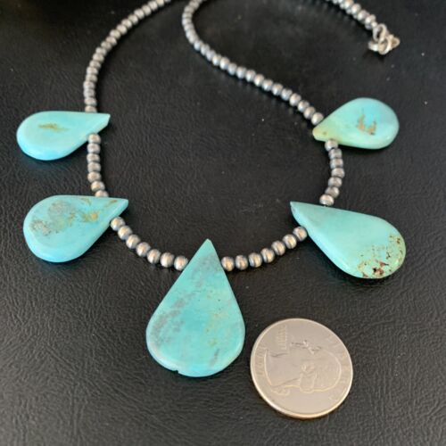 Navajo Teardrop Blue Turquoise Necklace | Sterling Silver Pearls | 20" | Authentic Native American Handmade | 13958