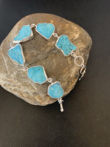 Navajo Blue Kingman Turquoise Rough Link Bracelet | Sterling Silver | 8" | 11649