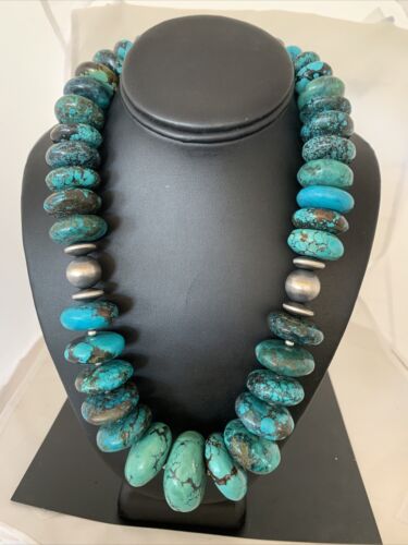 Navajo Pearls Sterling Silver Graduated Blue Chunky Turquoise Necklace | Authentic Native American | 22" | 01747
