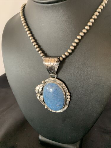 Navajo Denim Lapis Necklace with Pendant | Sterling Silver | Authentic Native American Handmade | 12443