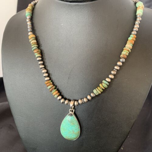 Navajo Royston Bead Green Turquoise Necklace Pendant | Sterling Silver | Authentic Native American Handmade | 11920