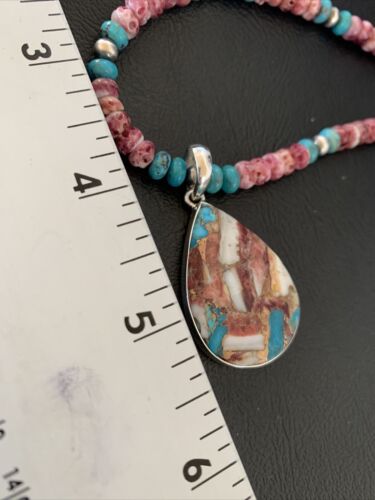 Navajo Pearl Necklace with Blue Turquoise & Purple Spiny Pendant | Sterling Silver | 11744