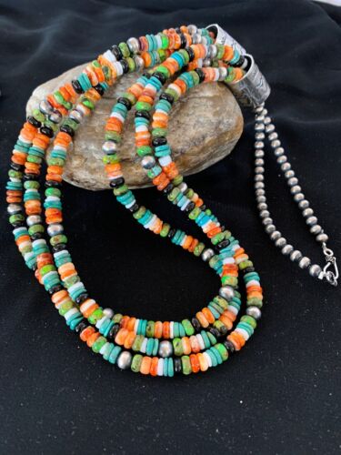 Navajo Green Turquoise, Lapis & Spiny Oyster Necklace | Sterling Silver | Authentic Native American Handmade | 3238