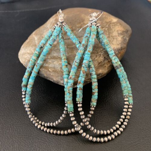 Navajo XL Turquoise Heishi Beads Earrings | Sterling Silver | 4" | 12687