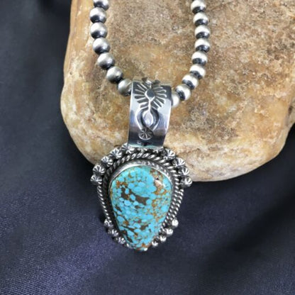 Navajo Pearls Sterling Silver Necklace with Blue #8 Turquoise Pendant | 2.7" | Authentic Native American Handmade | 10151