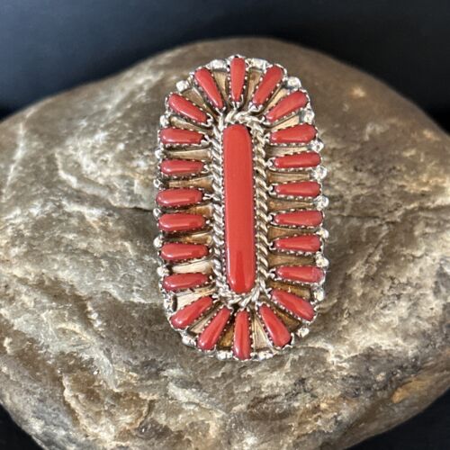 Navajo Red Coral Multi-Stone Cluster Ring | Authentic Native American Sterling Silver | Sz 8 | 14571