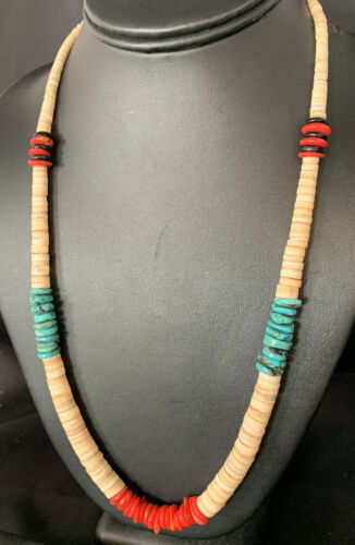 Authentic Native American Santo Domingo Necklace | Shell, Red Coral, Blue Turquoise, Onyx | 22" | 13486