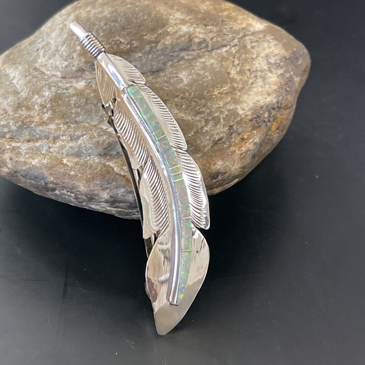 Women's Navajo Sterling Silver Feather Barrette | White Opal Inlay | Handmade | 4" | 2079