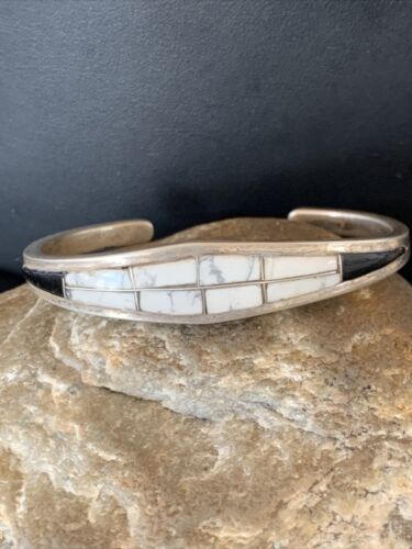 Men's Sterling Silver White Buffalo Turquoise Onyx Inlay Bracelet | Authentic Native American Handmade | 12101