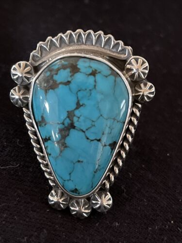 Navajo Blue Spiderweb Turquoise Ring | Sterling Silver | Sz 7.5 | Authentic Native American Handmade | 1068