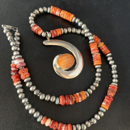 Navajo Orange Spiny Oyster Pendant Necklace | Sterling Silver | Authentic Native American Handmade | 13651