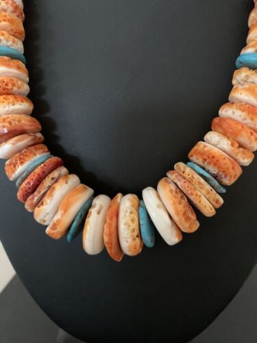 Authentic Native American Necklace | Orange Spiny Oyster & Turquoise | Navajo Pearls Sterling Silver | 20"