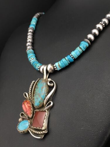 Navajo Turquoise & Spiny Oyster Pendant Necklace | Sterling Silver | 20" | Authentic Native American Handmade | 4836