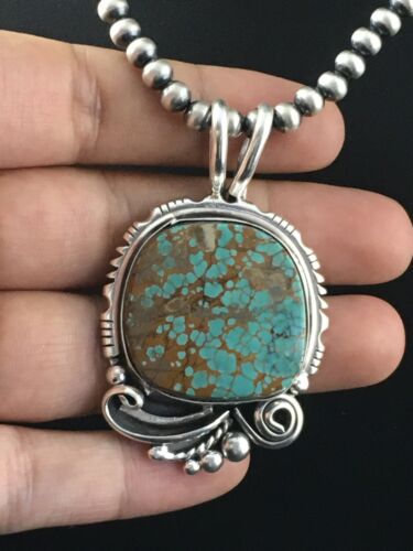 Navajo Blue #8 Turquoise Pendant Necklace Set | Sterling Silver | 2.25" | Authentic Native American Handmade | 10159