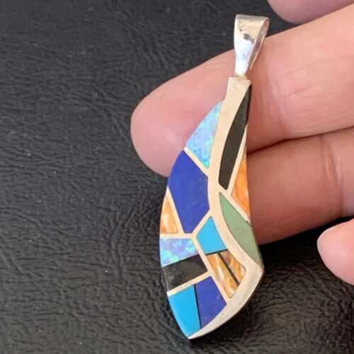 Navajo Spiny Blue Opal Lapis Pendant | Sterling Silver Inlay | Authentic Native American Handmade | 12276