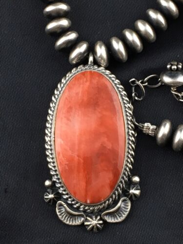 Navajo Red Spiny Oyster Pendant Squash Necklace | Sterling Silver | 16" | Authentic Native American Handmade | 4536