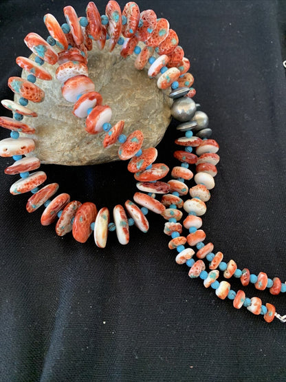 Navajo Red Spiny Oyster & Turquoise Necklace | Sterling Silver Graduated Navajo Pearls | Authentic Native American | 28" | 00912