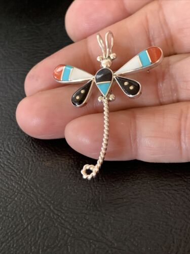 Zuni Turquoise Mother of Pearl Inlay Dragonfly Necklace Pin Pendant | Sterling Silver | 12327